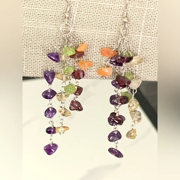 Pretty 925 Sterling Silver Multi Color Gemstone Dangling Earrings - Picture 5 of 12